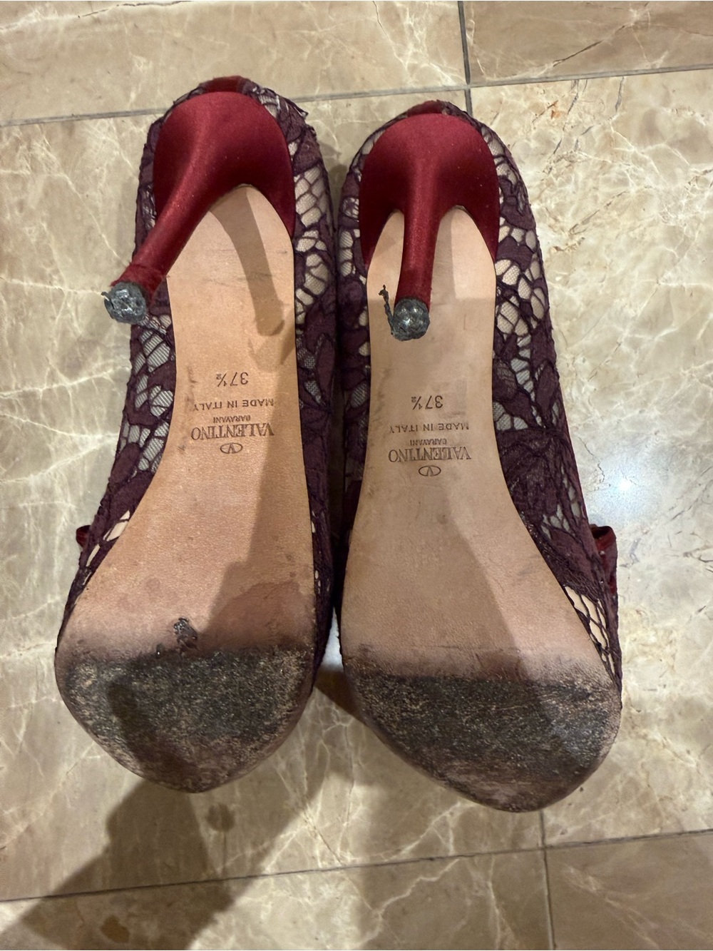 Valentino Burgundy and Black Lace Peep-Toe Bow Pumps - Picture 8 of 8